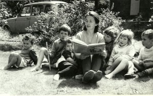 Jo reads to us on the front lawn